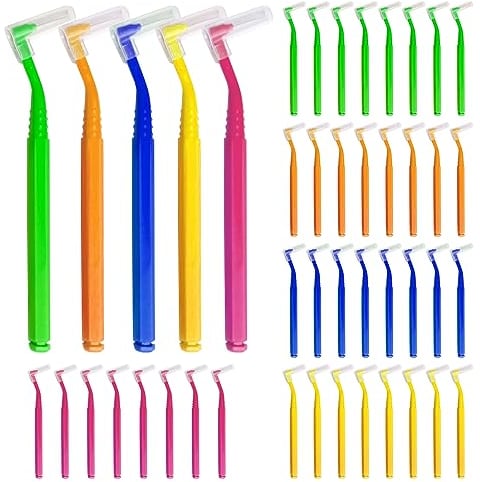 SKHAOVS 40 Stück Interdentalbürsten,Push Pull Interdentalbürste,L-Förmige Zahnzwischenraumbürsten,Zahnzwischenraumreiniger Bürste mit rutschfestem Griff,Mundpflege (5 Farben)