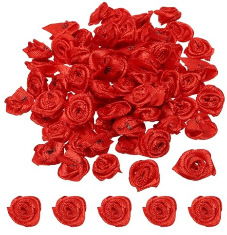 PATIKIL 0.6 Mini Satin Ribbon Roses, 30 Pcs Tiny Fabric Flowers Embellishments Rosettes Applique for DIY Crafts and Wedding, Red