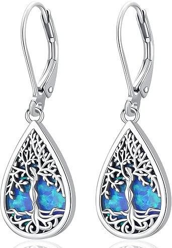 Árbol de la Vida Pendientes para Mujeres Niñas, Plata de Ley Lágrima Pendientes Ópalo Azul Hipoalergénico Pendientes Colgantes Joyería Regalos para Mujeres