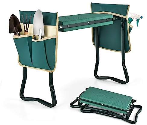 KOMFOTTEU Kniebank, Faltbarer Gartenhocker mit Schaummatte und 2 Werkzeugtasche, Gartenbank für Knieschutz, 58cm x 28cm x 13/49cm, für Gartenarbeit (Mit 4 großen Werkzeugtaschen)