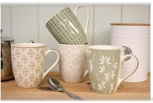 Set of 4 Ceramic Mugs 12oz Sage Green Drinking Cup Assorted Design