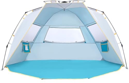 WolfWise Strandmuschel UV-Schutz 50+, 6-7 Personen Strandzelt mit Quick-Up-System, Sonnenschutz Windschutz mit erweiterbarem Boden Sonnenzelt Automatik Tragbar für Familie Camping Garten Strand Blau