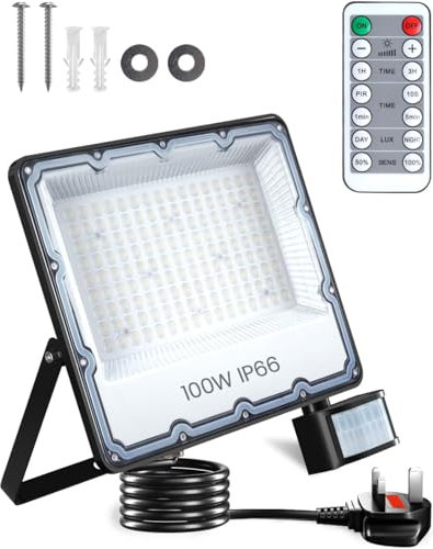 DoRight 100W Security Lights Outdoor Motion Sensor, 10000LM Super Bright IP66 Waterproof PIR LED Floodlight with Remote Control, 2M Wire UK Plug Security Lamp 6500K for Garden Yard Garage Doorway