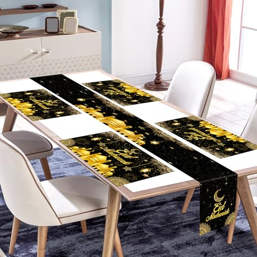 Lets Joy Eid Mubarak Tischläufer, 4PCS Eid Mubarak Tischsets, Eid Mubarak Tischläufer und Tischsets Tischdekorationen, Eid Platzdeckchen Set, Eid Ramadan Kareem Tischdecke Muslimischer 180 x 30cm
