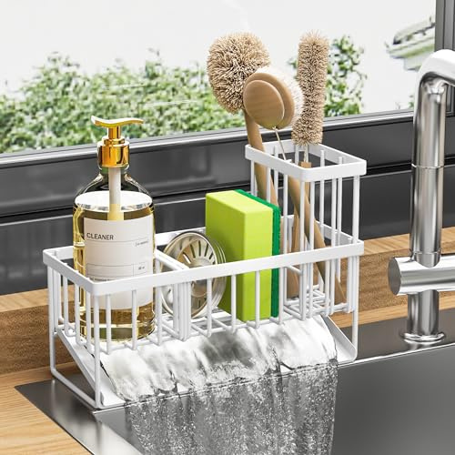 Cisily Support pour éponge d'évier de cuisine en acier inoxydable 304 antirouille avec porte-brosse haut, organiseur d'évier de cuisine avec séparateur (blanc)