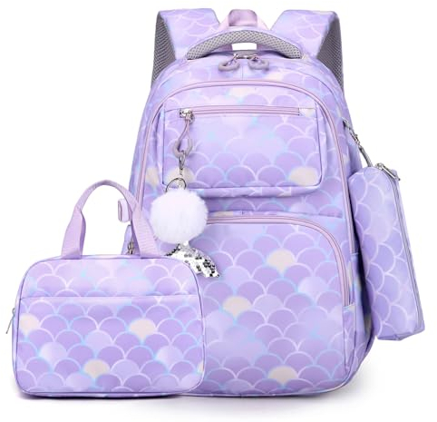 Tanou Schulrucksack Mädchen 4 Teilig Rucksack Mädchen Teenager, Große Schultasche Kinder der 3. bis 7. Klasse, Nylon Schulranzen mit Lunchtasche Stiftetasche, Lila