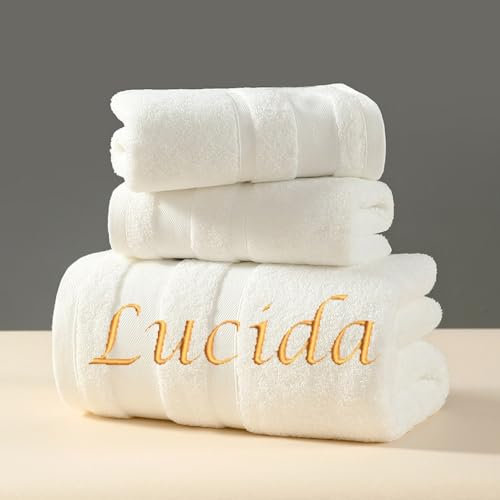 HDLOVE Personalisiertes 3er Set Handtücher Mit Namen Oder Wunschtext Bestickt, 3 Verschiedene Größen: 180x90 cm, 35 X 73 cm Und 35 X 35 cm，Weiche Baumwolle Für Bad, Küche & Dusche(White)