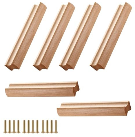 GANILITY 6 Stück Möbelgriffe Holz, Schrankgriffe Holz mit Schrauben, Schublade Zieht, Massivholz-Küchenschrank mit Griffen, Lochabstand 160 mm, für Schränke, Bäder, Büros und Küchen