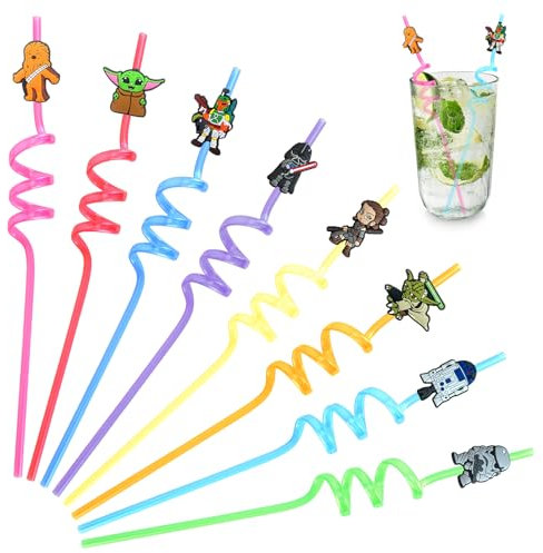 Cartoon Pailles Spirales, 16 Pièce Pailles Reutilisable, Pailles en Plastique pour Les Enfants, Longues et Bouclées Colorées Réutilisables en Plastique, pour Garçons Filles Thème Fournitures de Fête