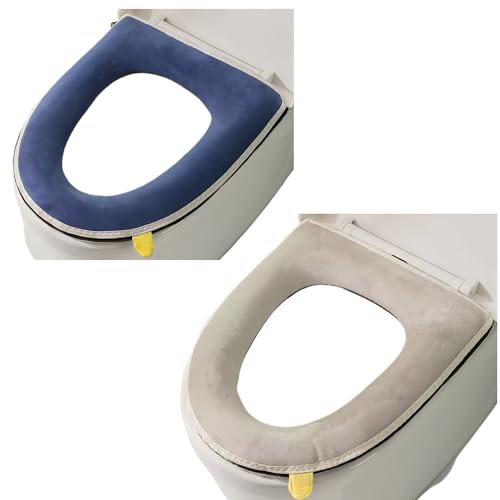 Wuyue Hua 2 Pieces Thicker Bathroom Soft Toilet Seat Cover Pad with Handle Toilet Lid Cover Cushion Soft Thicker Washable Fits Oval Toilet Seats (Blue+Grey)