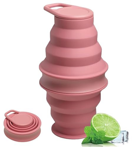 KISUOMAOYI Collapsible Water Bottle,Foldable Water Bottle, Food-Grade Silicone Travel Water Bottle, Reusable Leakproof Silicone Water Bottle with Lid for Travel, cycling, Camping 500ML/17.5FLOZ(Pink)