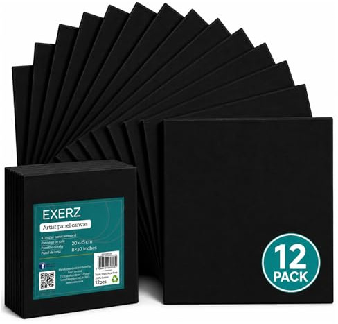 Exerz Schwarze Leinwand 20x25cm, 12er-Set Malkarton, Künstler-Leinwände aus 100% Baumwolle, 280 g/m², 0,3cm Dick, Blanko, Dreifach Grundiert, Säurefrei, Mittlere Körnung