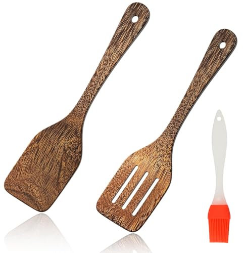 Wooden Spatula Set, 2 PCS Kitchen Slotted Spatulas (JCM-106 Japanese Spatula + CM-107 Tri-Line Spatula) with 5g Mini Oil Brush (Red), Heat Resistant Cooking Essentials Tools for Non Stick Pan or Wok