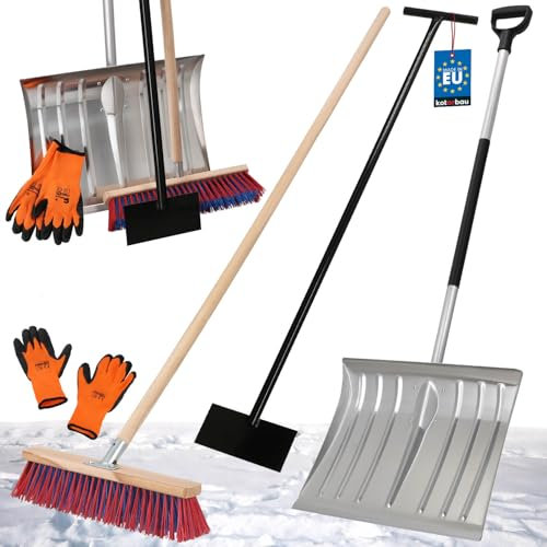 KOTARBAU® Set Schneeschaufel mit Aluminiumblatt 38 x 50 cm Straßenbesen mit Stiel 150 cm Eisschaber 119 cm + Handschuhe Schneeschieber Schneeräumer Schneeschaufel Stiel zur Schneeräumung