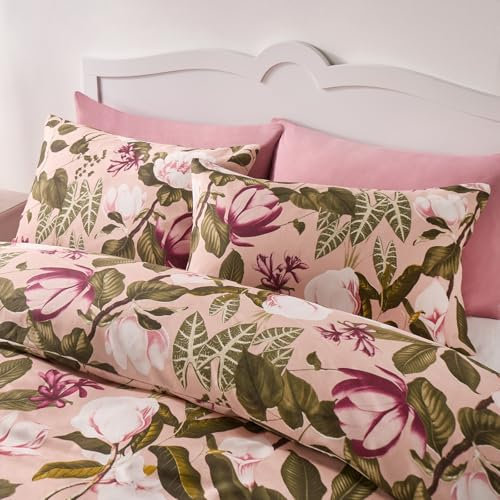 OHS Double Duvet Cover Set Floral Botanics, Ultra Soft Cosy Warm Fabric Vibrant Floral Botanical Design Quilt Double Duvet Set with 2 Matching Pillowcases, Blush
