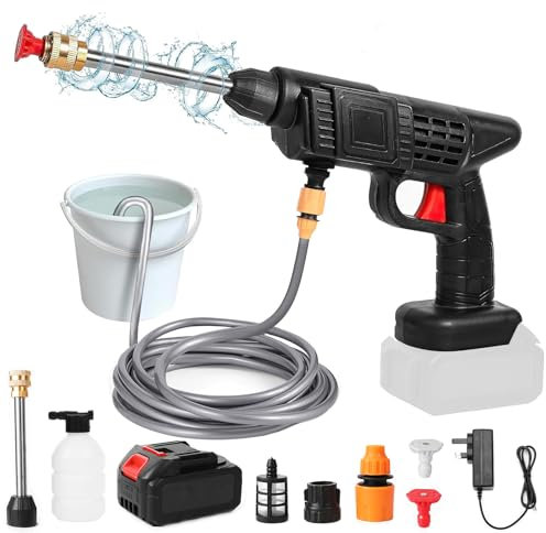 Pistola de Agua a presión 30Bar, Hidrolimpiadora de Alta Presion con 6000mAh Batería, Manguera 5m, Pistola Limpiadora a Presión Bateria, Lavado a Presion para Limpiar Coche, Jardín (1 batería)
