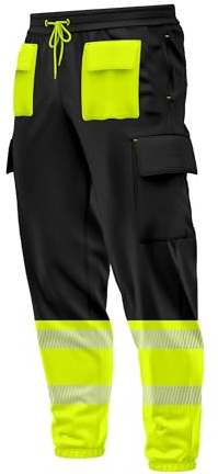 Mens Hi Vis High Visibility Contrast Multiple Pockets Cargo Trousers Bottoms Reflective Tape Drawstring Elasticated Waist Ankle Workwear Joggers