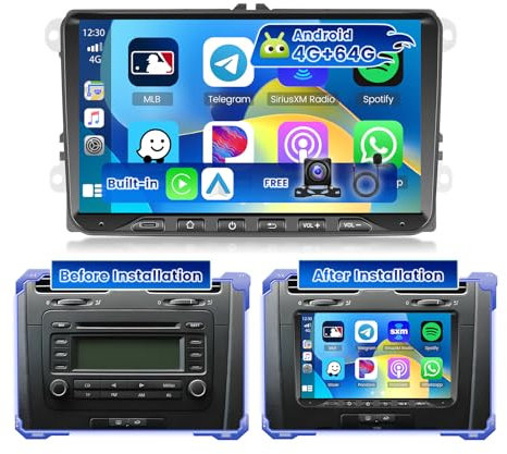Hikity 4G+64G Android 15 Radio de Coche para VW Golf Polo Tiguan Caddy Touran Radio 2 DIN Wireless Carplay Android Auto 9 Pulgadas Pantalla Táctil con GPS WiFi 2USB AHD Cámara Trasera Mic