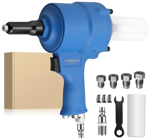 VORXEON Set Rivettatrice Pneumatica Autoaspiranti, Forza di Trazione 1000KGF Con 4 Bocchette (2,4 mm, 3,2 mm, 4,0 mm, 4,8 mm) Pistola Rivettatrice ad Aria Compressa per Uso Domestico