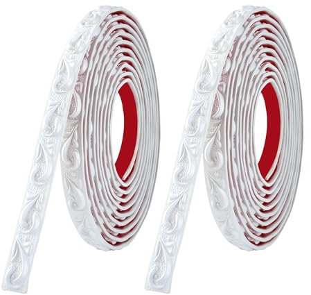 Zayejod (5M*2 Rolls) Molding Trim Self Adhesive,Peel and Stick Wall Ceiling Decorative Trim,3D Wallpaper Border,Tile Trims and Edgings,Sticky Wall Lines for Mirror Edge,TV Background(White,2CM)