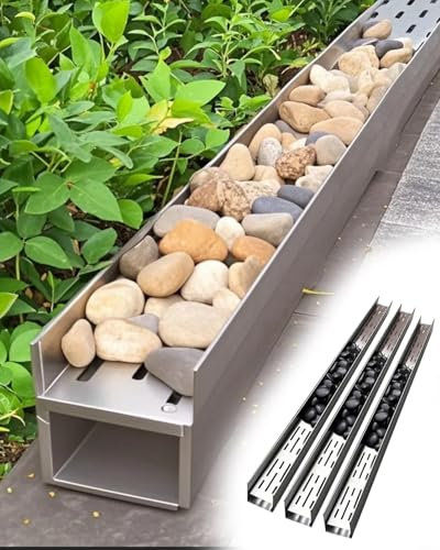 Caniveau Exterieur Caniveau Exterieur pour la Cour, Pavé Métallique Pierres de Pluie Galets Kit de Drainage Caniveau Extérieur avec Grille Inox Système de Drainage, Caniveau de Douche Grille Caillebot