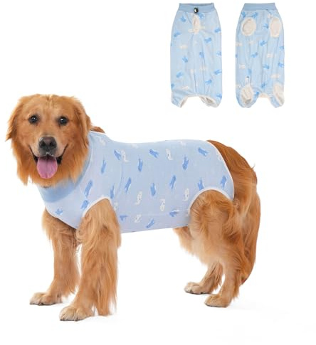 DoggieKit Traje de Recuperación de Perros para Hombre, Body Perro Post Cirugía Traje Recuperación para Perros,Después Castración Protector Heridas Abdominales para Perro (Azul-Ballena, Large)