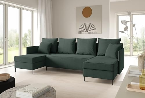 LIKMA Dunkelgrün Ecksofa ZAVO U-Form 286x142 cm mit Schlaffunktion (274x140 cm) Eckcouch mit 3 Bettkasten und Füßen Wohnlandschaft Bettsofa mit Stauraum Polstermöbel Sofa