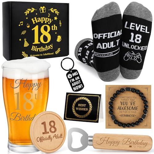 18th Birthday Gifts for Him – 18 Year Old Boy Gift Set with 560ml Beer Glass, Socks, Bracelet, Keyring, Coaster, Bottle Opener & Card – 18th Birthday Gift for Son, Brother, Nephew or Grandson