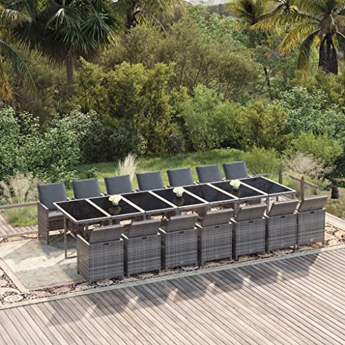 QJBSAVVA 15-TLG. Garten-Essgruppe 387x107 cm Poly-Rattan Grau stapelbar mit Kissen Robuster Stahlrahmen Modernes Design für große Terrassen und kleine Balkone