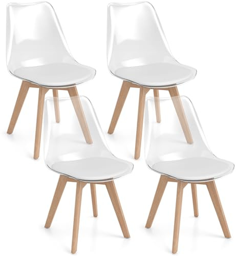 COSTWAY Pack de 4 Sillas de Comedor Transparentes, Sillas de Comedor Modernas sin Brazos, Silla Cocina con Respaldo, Patas de Madera, Cojín Suave Tapizado de PU para Cocina, Salón (Cojín Blanco)