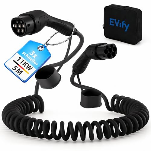 EVify Typ 2 Spiralladekabel 11kW 5M 16A für Elektroauto & Hybrid inkl. Kabeltasche • Spiralkabel 3 phasig für EV PHEV • Platzsparend, geeignet für alle E Autos Modell 3 S X Y, ID3, ID4, ID5 • Schwarz