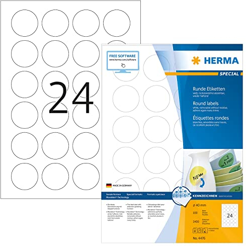 HERMA 4476 Universal Etiketten ablösbar rund, 100 Blatt, Ø 40 mm, 24 pro A4 Bogen, 2400 Stück, selbstklebend, bedruckbar, matt, blanko Papier Klebeetiketten Aufkleber, weiß