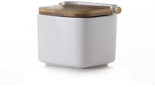 Dcasa Salero Cuadrado de cerámica Blanco con Tapa de bambú, 12x12x10.5 cm