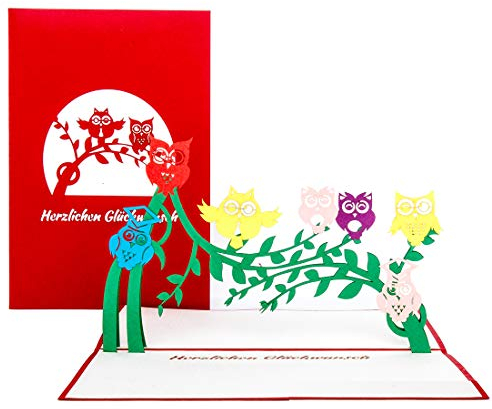 Pop Up Karte Eulen - Geburtstag - 3D Geburtstagskarte für alle Eulenfans – als Geschenk, Dekoration, Geschenkidee, Einladungskarten zum Geburtstag, Eule Deko & Geschenkverpackung