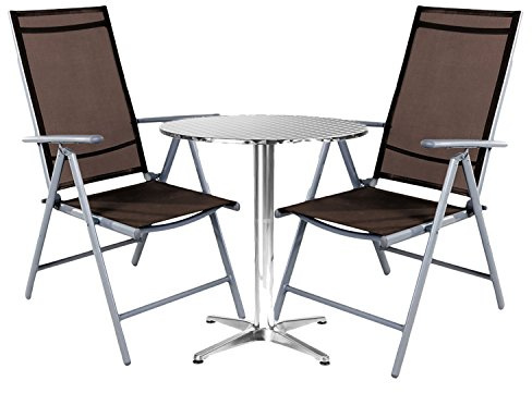 Mojawo® - Bistrogarnitur - 3-teilig - Bistrotisch Glas/Metall Rund 60cm Höhenverstellbar 75/115cm Silber + 2 Hochlehner/Positionsstuhl Klappstuhl Aluminium/Textilen Silber/Schokobraun