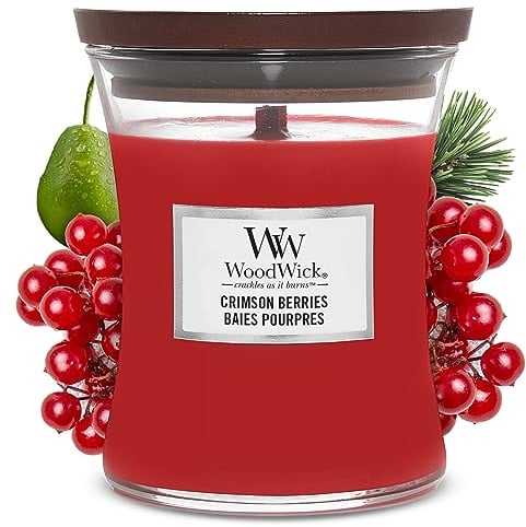 WoodWick mittelgroße Duftkerze im Sanduhrglas mit knisterndem Docht, Crimson Berries, bis zu 60 Stunden Brenndauer