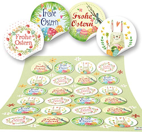Aufkleber Set Ostern: 24 Runde Ostersticker, Hochwertiger Druck, Bunt mit Osterhasen & Frohe Ostern Schriftzug, Osteraufkleber für Geschenke, Tüten & Karten, Selbstklebend, Made in Germany, ⌀ 4 cm