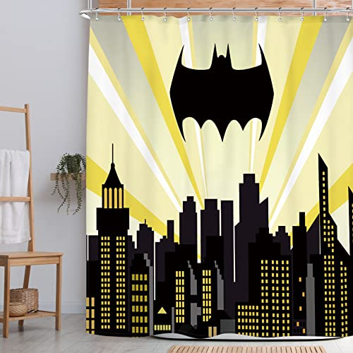 Riyidecor Superhelden-Duschvorhang, Stadtbild, Fledermaus-Panel, Nachtgebäude, Szene, Stadt, Cartoon, Skyline, Film, Kinder, Jungen, Heim, Badezimmer, Dekoration, 183x183 cm, 12 Stück Kunststoffhaken