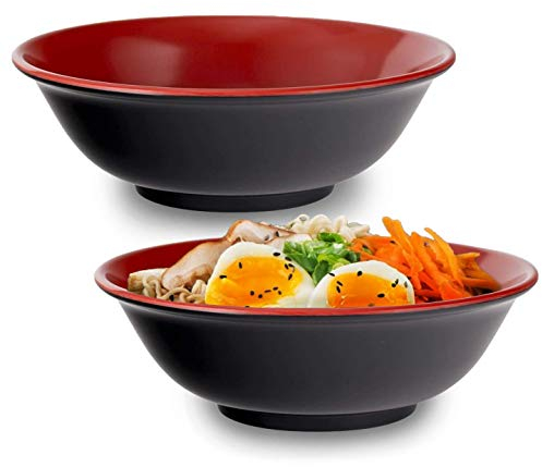 Happy Sales HS2BM-48RDBK, Set mit 2 japanischen Melamin-Schüsseln, 1,37 l, Mehrzweck-Schüsseln für Reis, Nudeln, Suppe, Udon Pho Tayo Ramen Schüsseln 22,9 cm, Schwarz und Rot