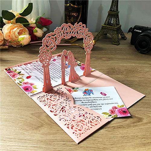 KUCHYNEE Laser Cut Rosa Hochzeitseinladungskarten mit 3D-Pop-up Braut und Bräutigam Blumen und druckbare leere Hochzeit Verlobung lädt, 20 Stück