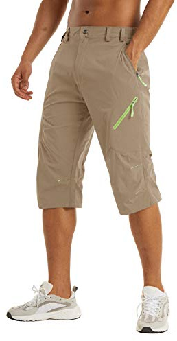 KEFITEVD 3/4 Hose Herren MTB Shorts Leicht Outdoorhose Kurz Fahrradhose Capri Hose Sommer Shorts Atmungsaktiv Trekkinghose Freizeit Strandhose Khaki 32