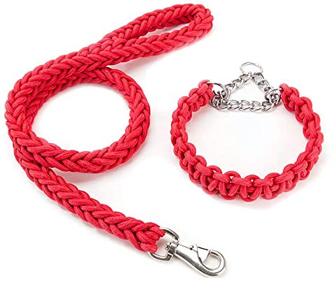 Kabxhueo Strong Rope Dog Lead and Collar Set 4FT Durable Braided Dog Collars and Leads Set Nylon Rope Leashes with Heavy Duty Clips Slip Lead Collar with Metal Chain for Small Medium Large Dogs, Red