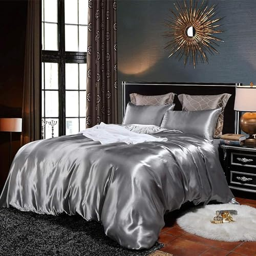 Homewish Silver Duvet Cover Set King Size Silk Like Satin Bedding Sets Summer Reversible Quilt/Comforter Cover Polyester Honeymoon Sexy Luxury Soft Microfiber Bedding Decor