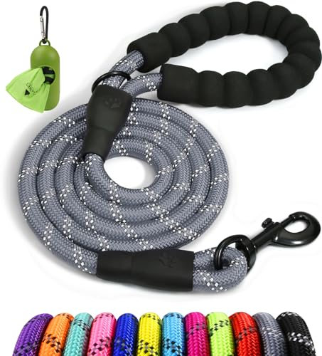 Taglory Hundeleine mit bequemen gepolsterten Griff, robuste Hundeleine zum Trainieren und Gassi gehen, 180×1.2cm Reflektierend Führleine aus weichem Nylon für große Hunde, grau