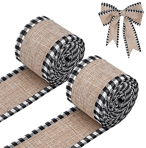 LUTER 2 Rollen 5.5m Kariertes Sackleinen Kante Band, zum Basteln Plaid Sackleinen Band Verdrahtet Plaid Bänder Weihnachts Dekoration für DIY Basteln Landhausstil Bow-Knot (Schwarz und weiß)