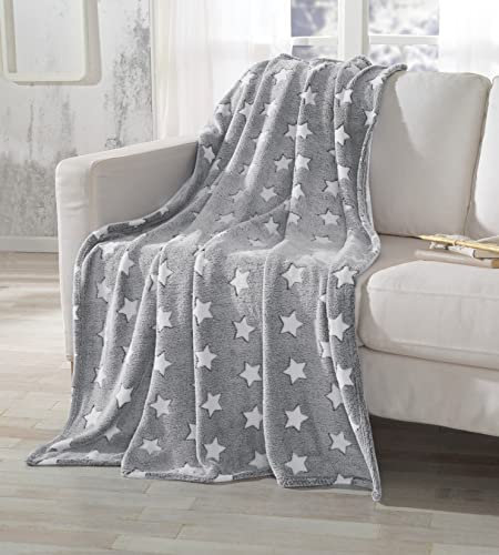 Dekoleidenschaft Kuscheldecke White Stars 128x152 cm, grau/weiß, weiche Sofadecke mit Sternen, gemütliche Couchdecke, kuschelige Wohndecke, Wohnzimmer-Decke, Tagesdecke, Sofa-Überwurf