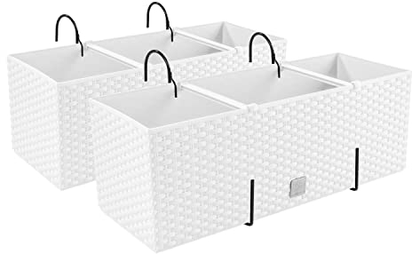 PAFEN 2X Blumenkasten Blumentopf Rattan-Optik mit Halterungen Pflanztopf Balkonkasten Pflanzkästen, Weiß