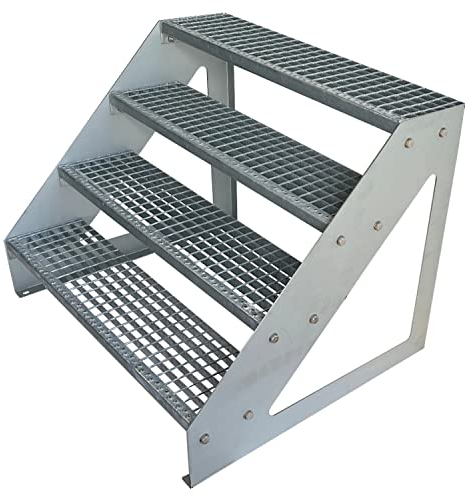 Premium Caillebotis acier Escalier à limon 4 Marches Autoportant Entièrement galvanisé - Dimensions (L x l x H) 82cm x 100cm x 76cm Résistant aux intempéries et protégé contre la corrosion