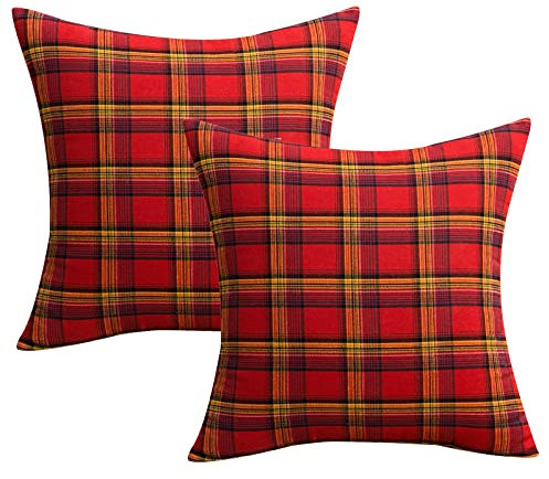 Qelus 2 Stück Weihnachten Kissenbezug, Kariert Plaid Dekorative Kissenhülle Baumwolle Polyester, 45x45cm Weihnachtskissenbezug Dekokissen Kissenbezüge, für Wohnzimmer Sofa Schlafzimmer (Gelb und Rot)