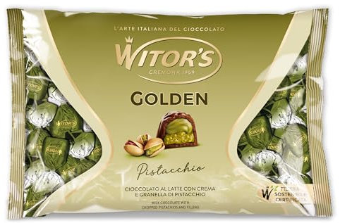 WITOR’S - Golden Pistacchio - Cioccolatini Ripieni con Cuore di Crema al Pistacchio e Granella di Pistacchio - Praline di Cioccolato Finissimo - Snack Dolci di Cioccolato al Latte - Busta da 800gr